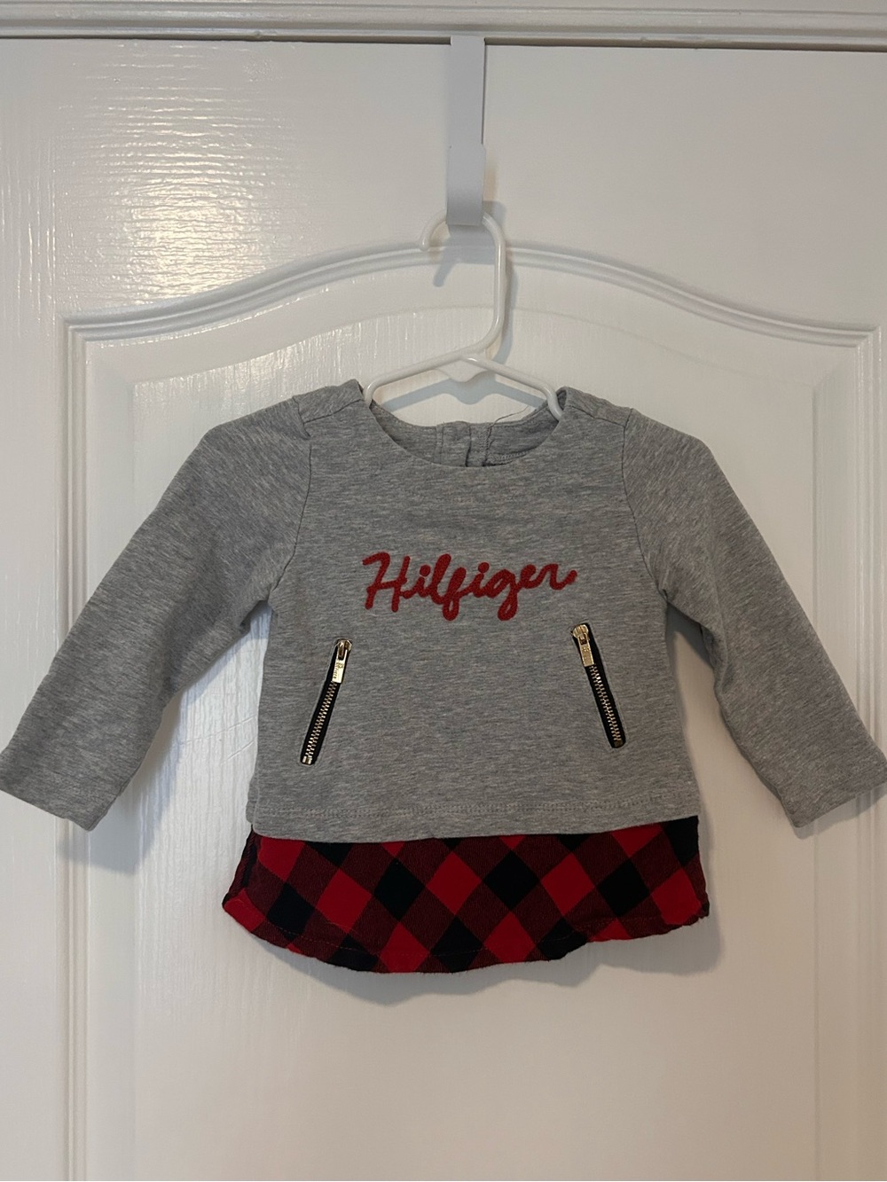 Tommy Hilfiger Gray Pullover with Red Plaid Hem